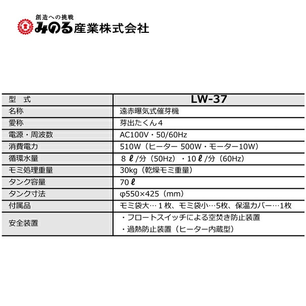 みのる産業｜遠赤曝気式催芽機 芽出たくん4 LW-37 モミ処理重量30kg