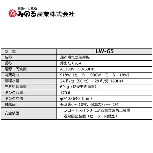 みのる産業｜遠赤曝気式催芽機 芽出たくん4 LW-65 モミ処理重量