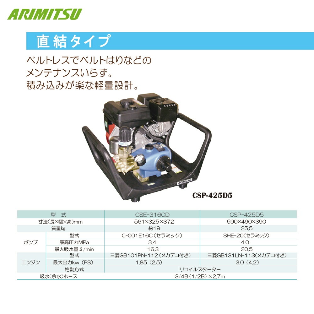 アリミツ セット動噴 CSP-425D3＜ジャンク品＞ 有光工業 アリミツ セラミックセット動噴 ポンプ直結 CSP-425D5 最高