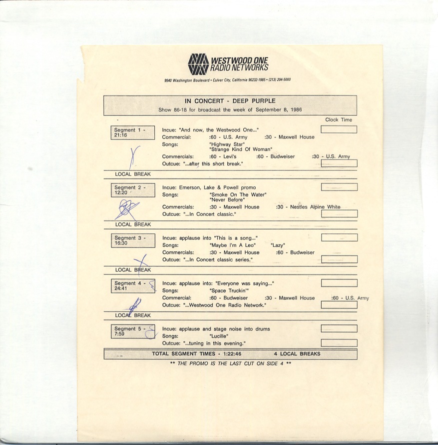 DEEP PURPLE / IN CONCERT: SHOW 86-18 FOR BROADCAST THE WEEK OF SEPTEMBER 8, 1986 (2LP) WESTWOOD ONE