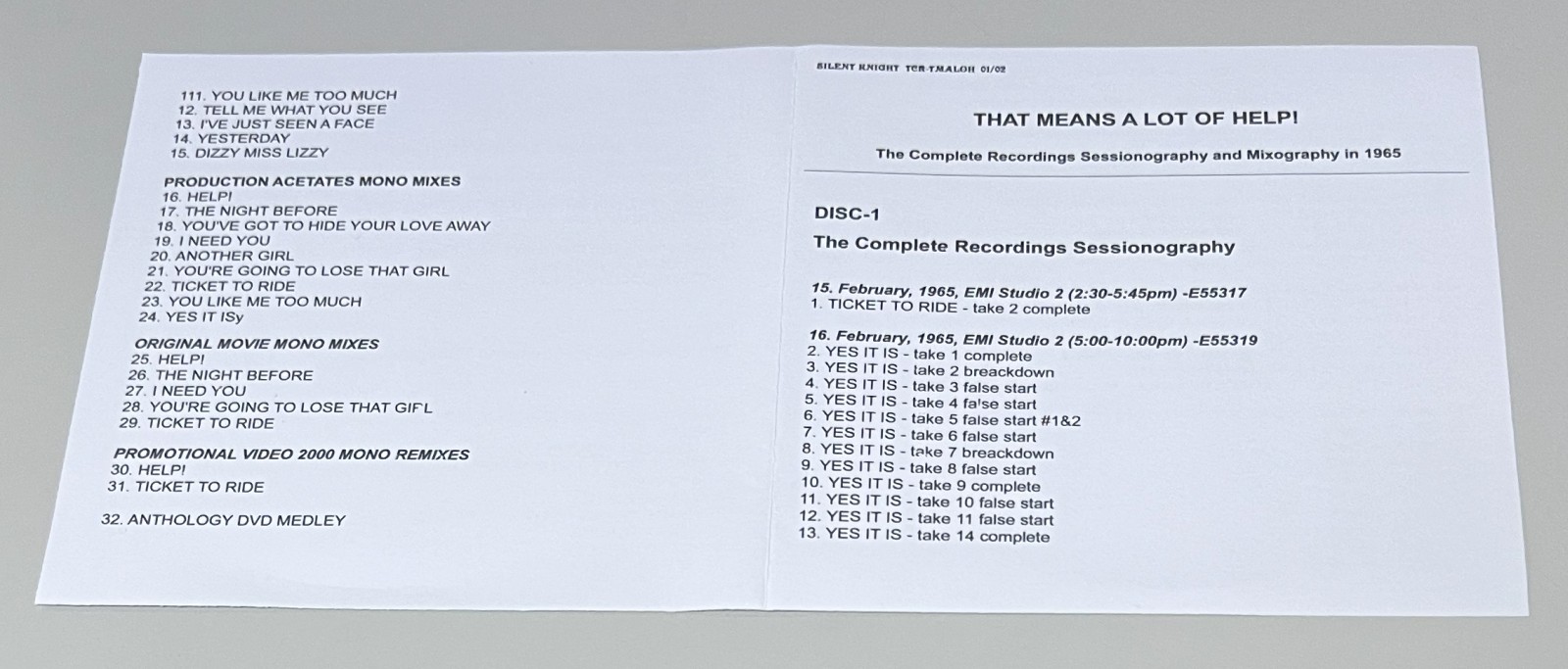 BEATLES / HELP!: THE COMPLETE RECORDINGS SESSIONOGRAPHY AND MIXOGRAPHY (2CD) SILENT KNIGHT / TCDR-TMALH01/02