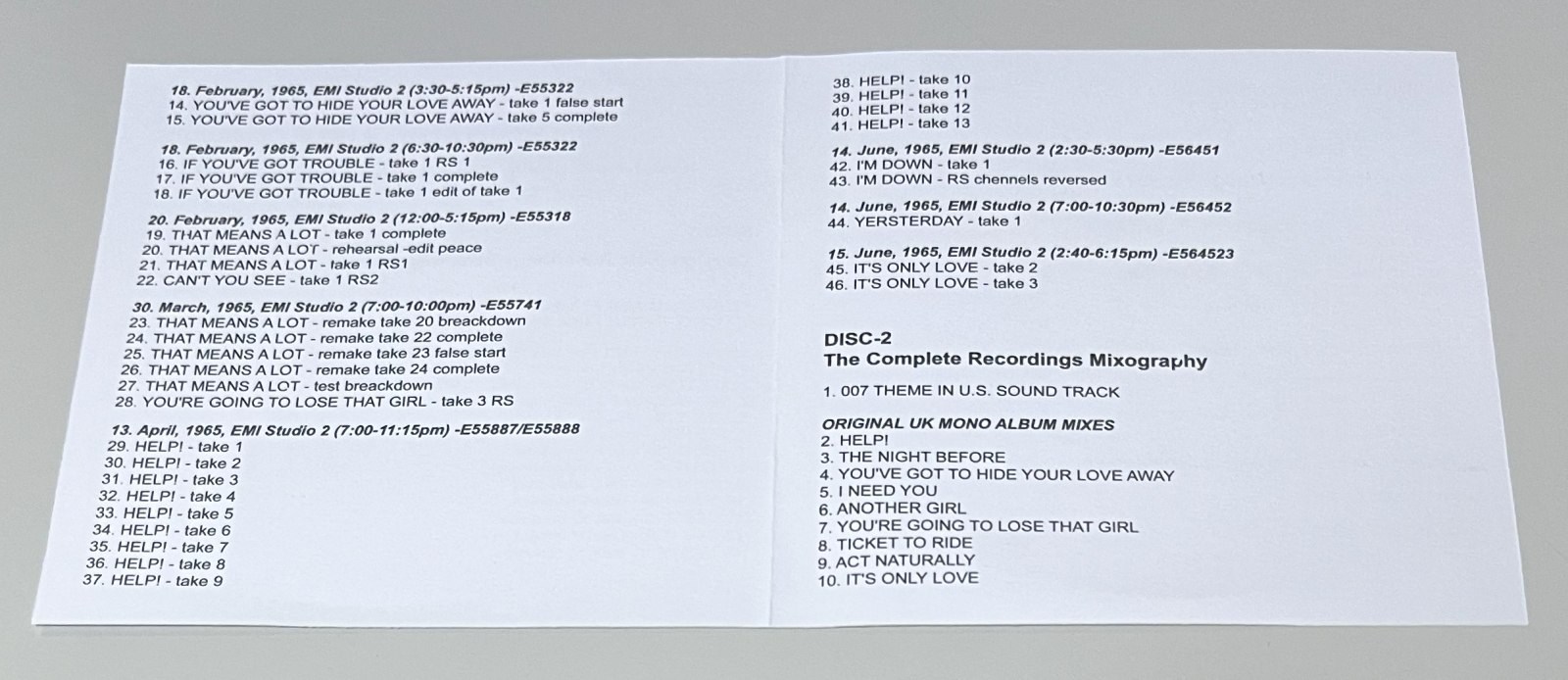 BEATLES / HELP!: THE COMPLETE RECORDINGS SESSIONOGRAPHY AND MIXOGRAPHY (2CD) SILENT KNIGHT / TCDR-TMALH01/02