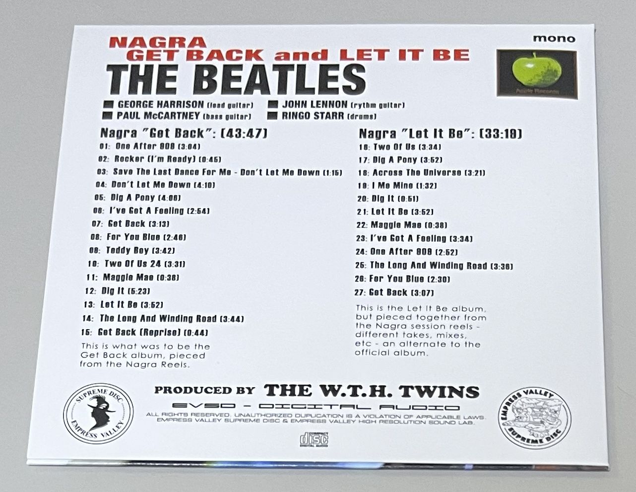 BEATLES / NAGRA GET BACK and LET IT BE (1CD) EMPRESS VALLEY SUPREME DISC / EVSD PROMO DISK