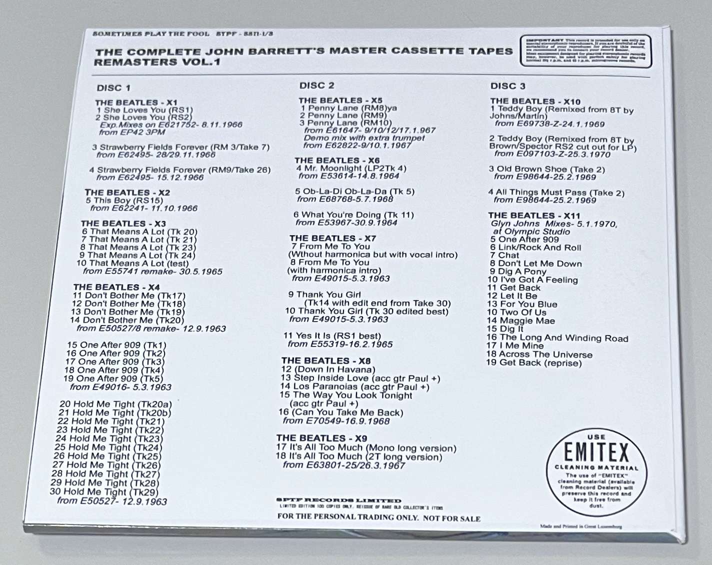 BEATLES / THE COMPLETE JOHN BARRETT'S MASTER CASSETTE TAPES REMASTER VOL.1 (3CD-R) SOMETIMES PLAY THE FOOL / STPF-8871-1/3