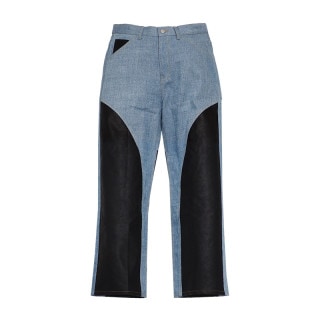 PU LEATHER SWITCHING DENIM PANTS