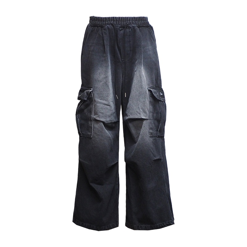 DRAWSTRING BAGGY DENIM PANTS ��BLK��