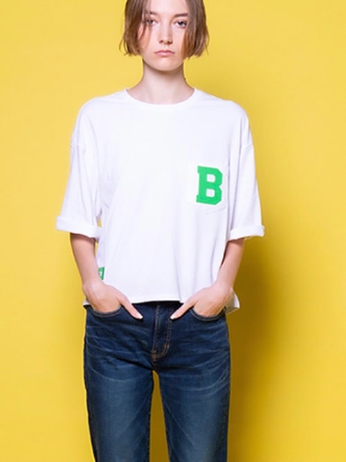 BEATINGHEART　ポケット　イニシャルB　5分袖　T-SHIRT　白/ベージュ　 BT013J1　ビーティングハート