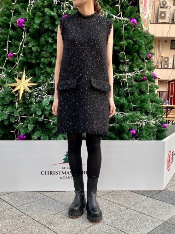 MSGM　ラメ ツイード ノースリーブ ミニ ワンピース ドレス   BLACK　3741MDA33　エムエスジーエム