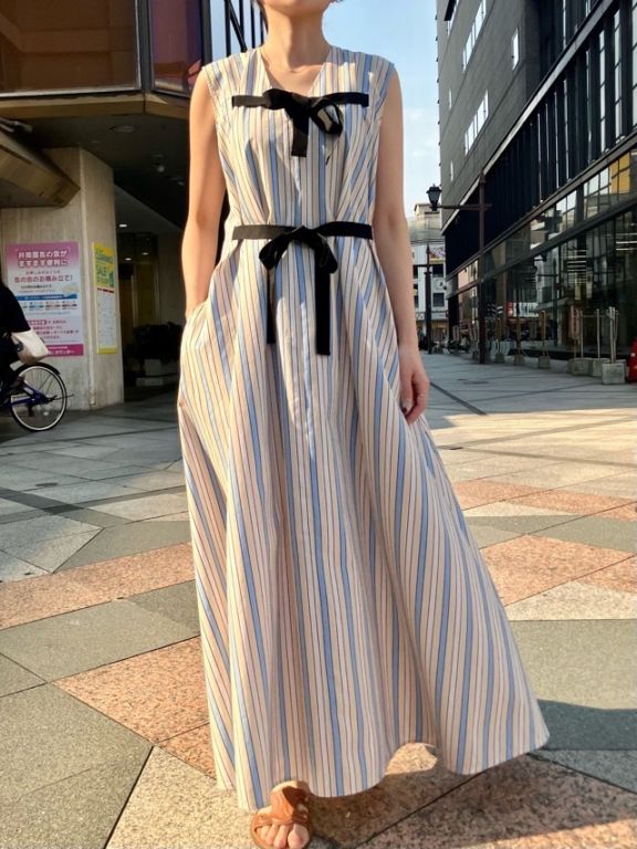 MSGM  ノースリーブ ストライプ リボン ロングワンピース ドレス  3841MDA15  BLUE (84)  エムエスジーエム