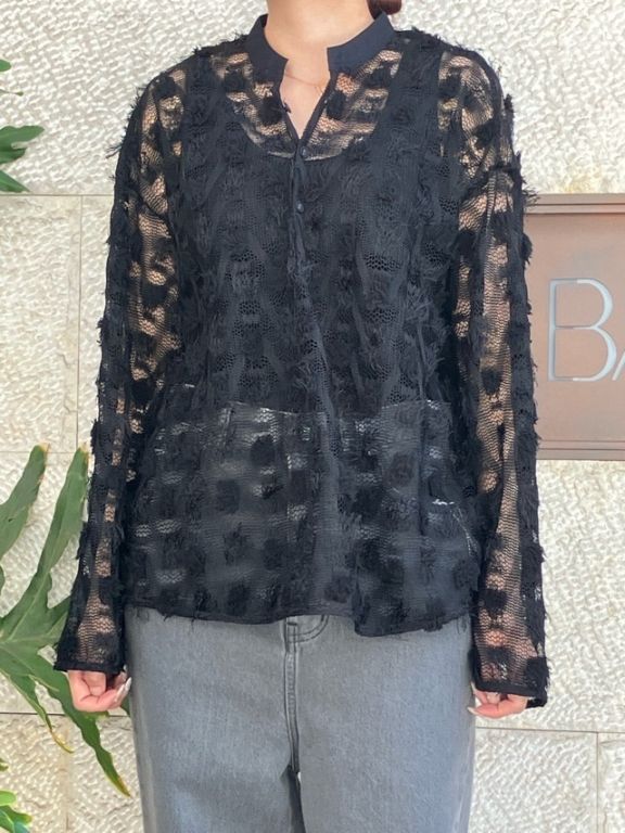 near．nippon 　ポップコーン ニットレース ヘンリーネック ブラウス 　715-2526　BLACK　ニアーニッポン