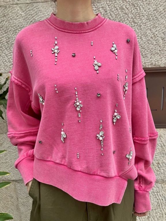 AULA AILA  アシンメトリー ビジュ付き ビンテージライク プルオーバー  1254-08001   BLACK(19) /PINK（72）  アウラアイラ