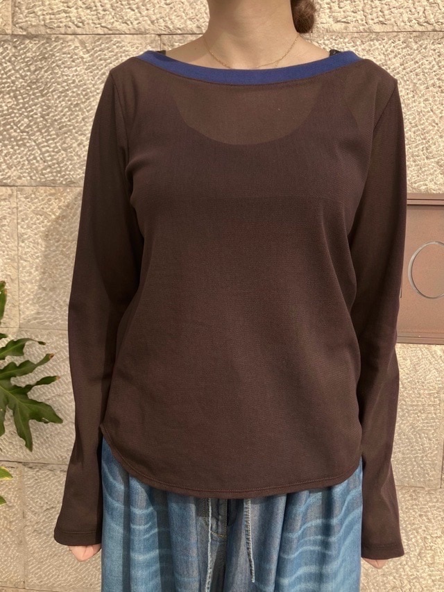AKANE UTSUNOMIYA  アカネ ウツノミヤ  襟 配色 シアー ロングスリーブ Tシャツ   SPA-FT29-2006　LIGHT GRAY / BROWN 