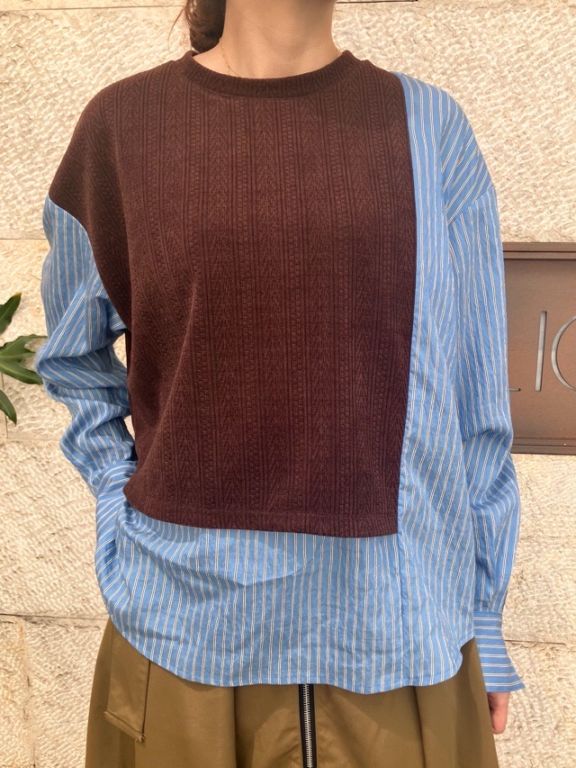 IN-PROCESS TOKYO  ニット ドッキング ストライプ シャツ プルオーバー　IPAW26102    BROWN ×BLUE　インプロセス トーキョー