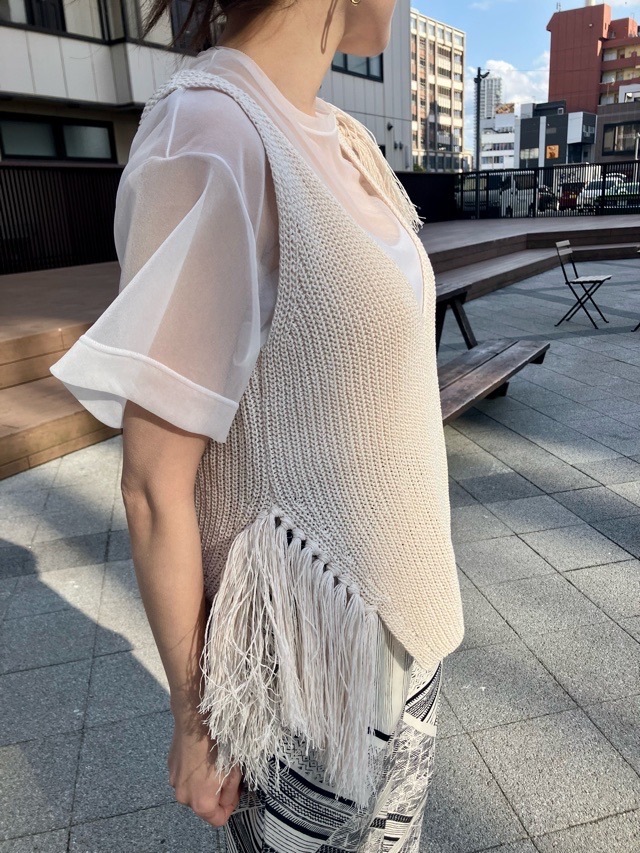 near.nippn ニア―ニッポン 329-25 ペーパーヤーンフリンジタンクトップ ライトベージュ/ブラック/ブルー