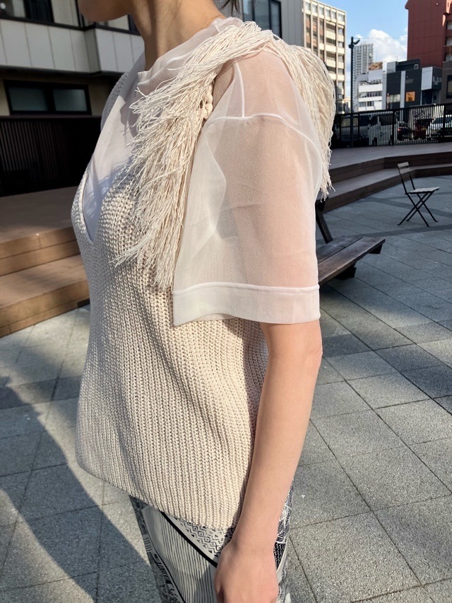 near.nippn ニア―ニッポン 329-25 ペーパーヤーンフリンジタンクトップ ライトベージュ/ブラック/ブルー