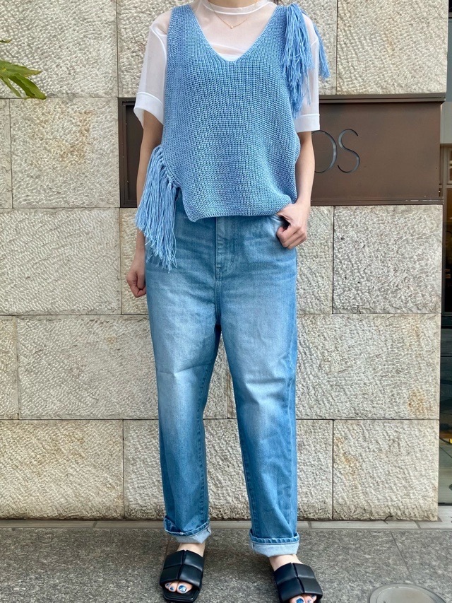 near.nippn ニア―ニッポン 329-25 ペーパーヤーンフリンジタンクトップ ライトベージュ/ブラック/ブルー