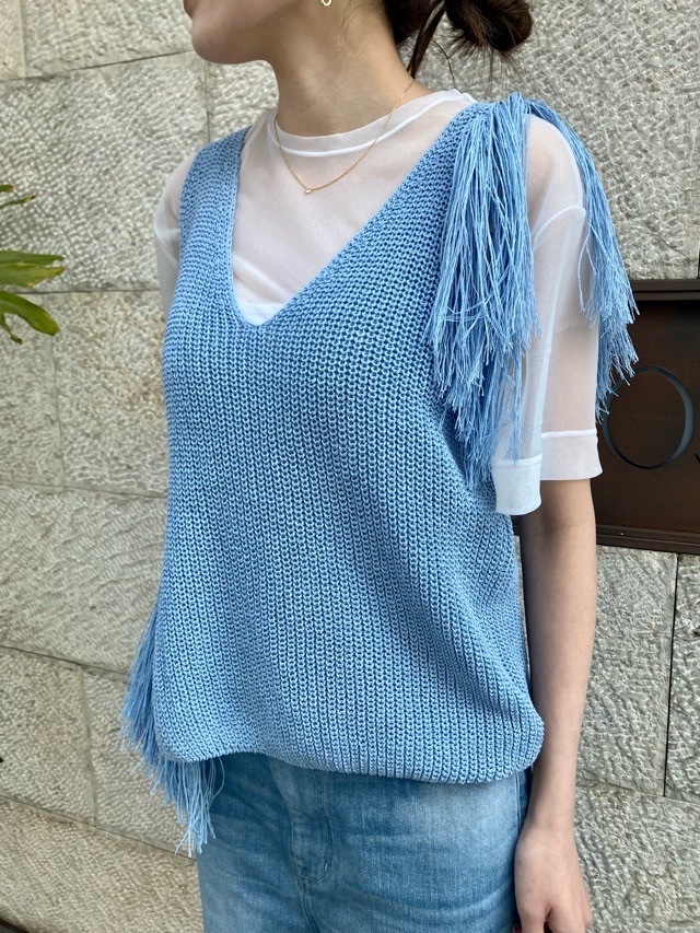 near.nippn ニア―ニッポン 329-25 ペーパーヤーンフリンジタンクトップ ライトベージュ/ブラック/ブルー