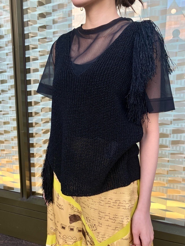 near.nippn ニア―ニッポン 329-25 ペーパーヤーンフリンジタンクトップ ライトベージュ/ブラック/ブルー