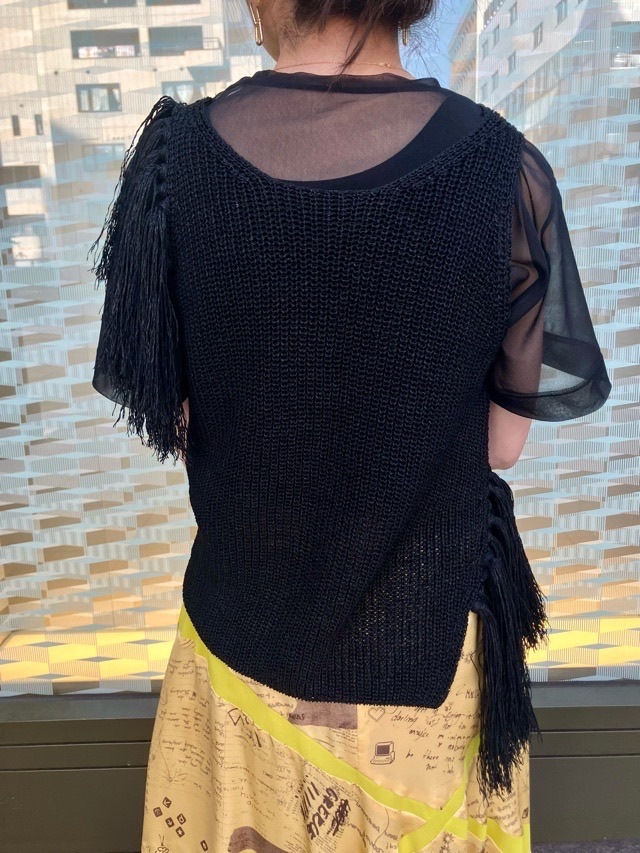 near.nippn ニア―ニッポン 329-25 ペーパーヤーンフリンジタンクトップ ライトベージュ/ブラック/ブルー