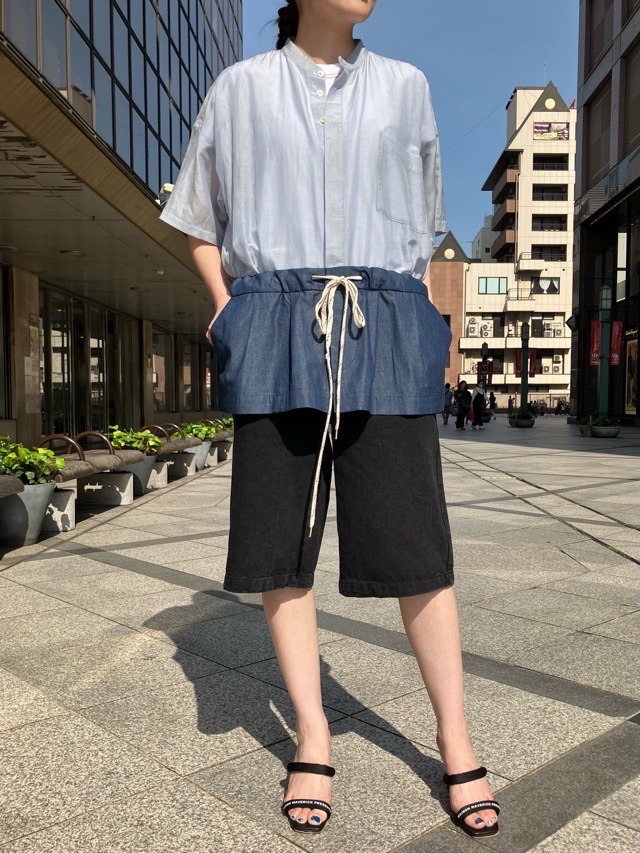 HARIKAE 　ウエスト下 別布 切替 シャツ ブラウス　BLUE   H0447　ハリカエ
