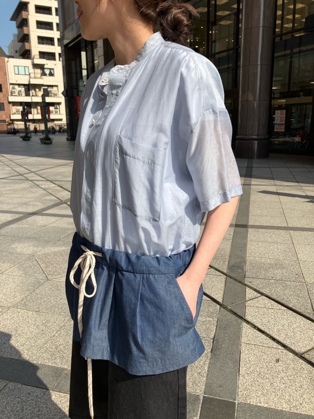 HARIKAE 　ウエスト下 別布 切替 シャツ ブラウス　BLUE   H0447　ハリカエ