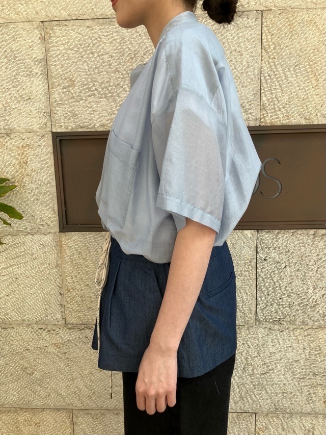HARIKAE 　ウエスト下 別布 切替 シャツ ブラウス　BLUE   H0447　ハリカエ
