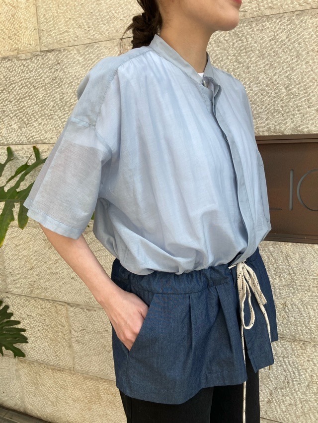 HARIKAE 　ウエスト下 別布 切替 シャツ ブラウス　BLUE   H0447　ハリカエ