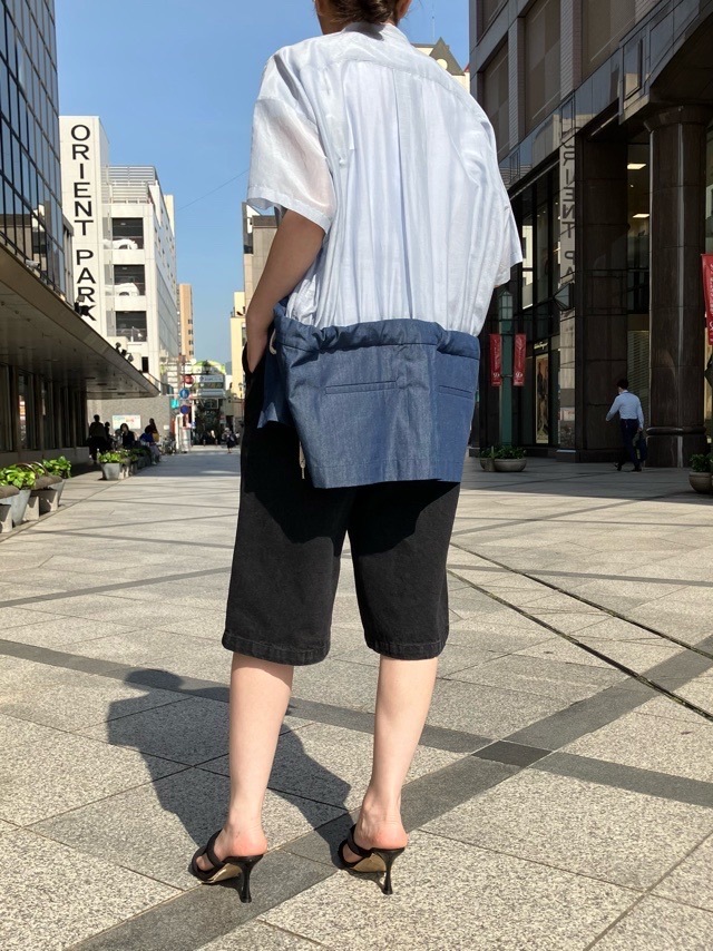 HARIKAE 　ウエスト下 別布 切替 シャツ ブラウス　BLUE   H0447　ハリカエ