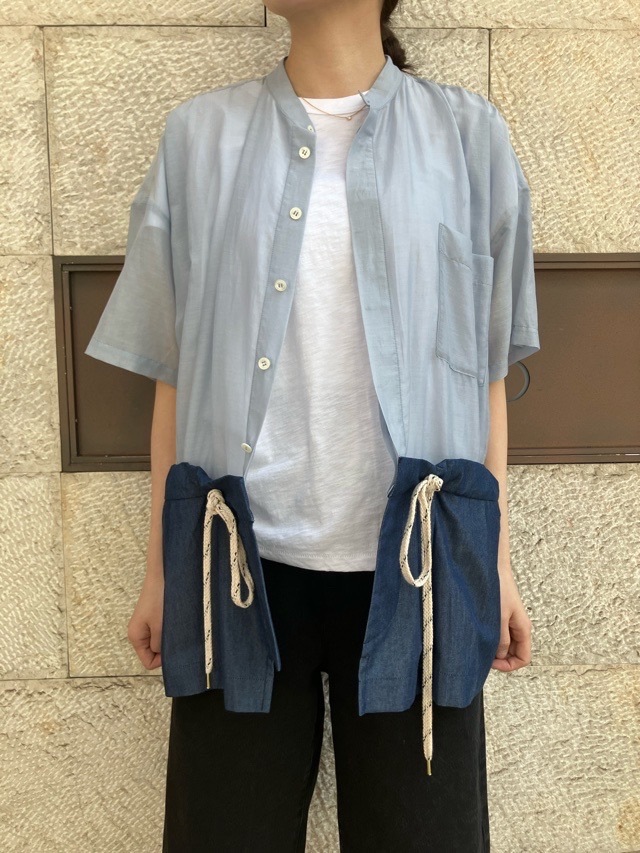 HARIKAE 　ウエスト下 別布 切替 シャツ ブラウス　BLUE   H0447　ハリカエ