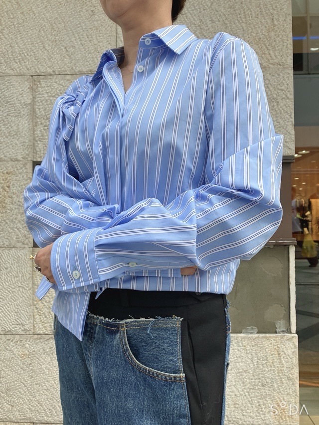 MSGM リボンストライプビッグシャツ 3941MDE06X SAXBLUE (82)WHITE(01) エムエスジーエム
