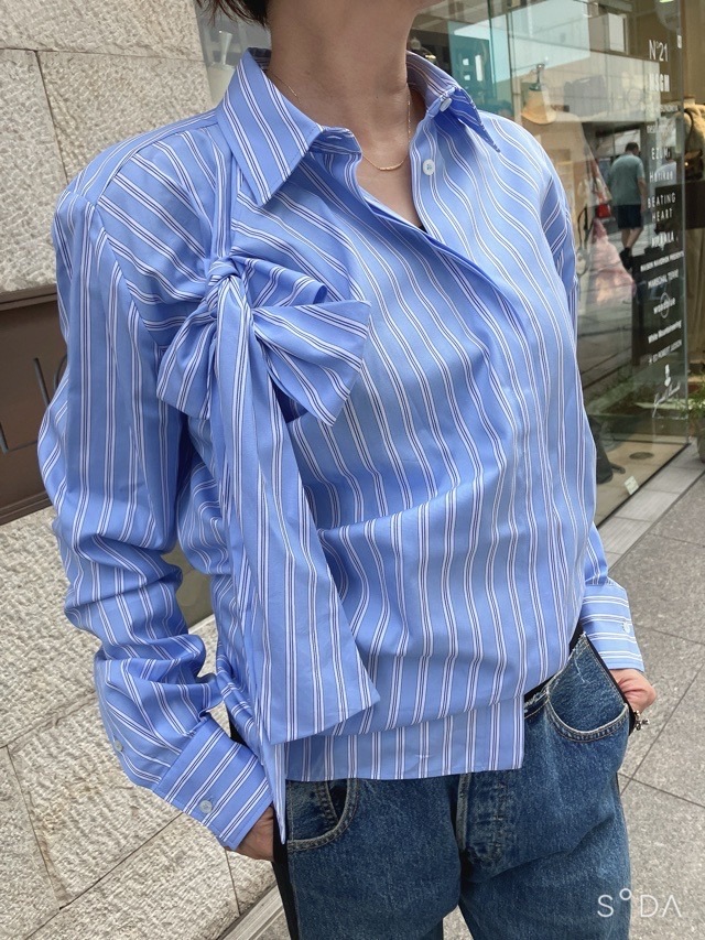 MSGM リボンストライプビッグシャツ 3941MDE06X SAXBLUE (82)WHITE(01) エムエスジーエム