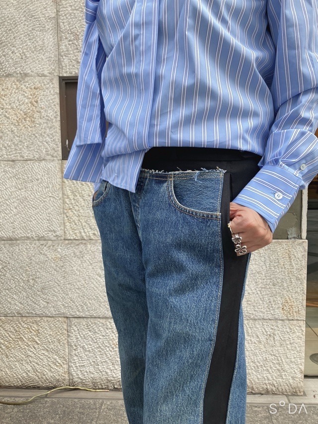 MSGM リボンストライプビッグシャツ 3941MDE06X SAXBLUE (82)WHITE(01) エムエスジーエム