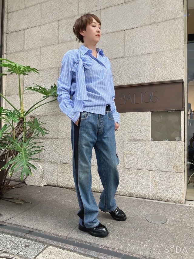 MSGM リボンストライプビッグシャツ 3941MDE06X SAXBLUE (82)WHITE(01) エムエスジーエム