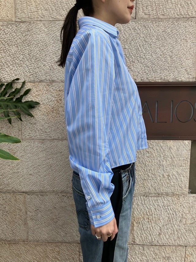 MSGM 胸ロゴ ショート丈 シャツ ブラウス 3941MDE19 WHITE (01) / BLUE STRIPE (82) エムエスジーエム