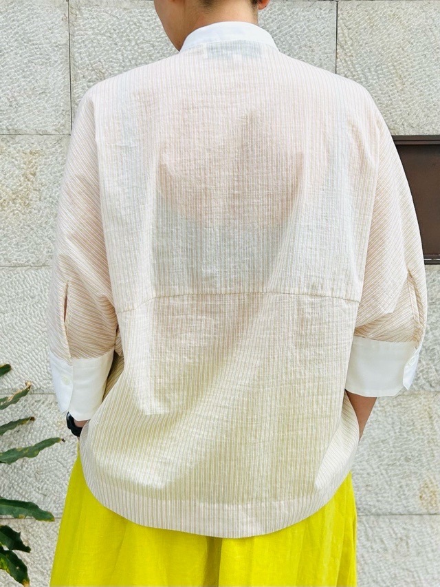 BEATINGHEART　　スタンドカラー　7分丈　ブラウス　ストライプ　BB229K1　BEIGE　ビーティングハート