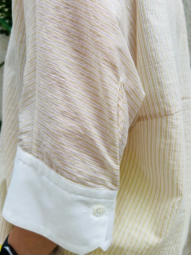 BEATINGHEART　　スタンドカラー　7分丈　ブラウス　ストライプ　BB229K1　BEIGE　ビーティングハート