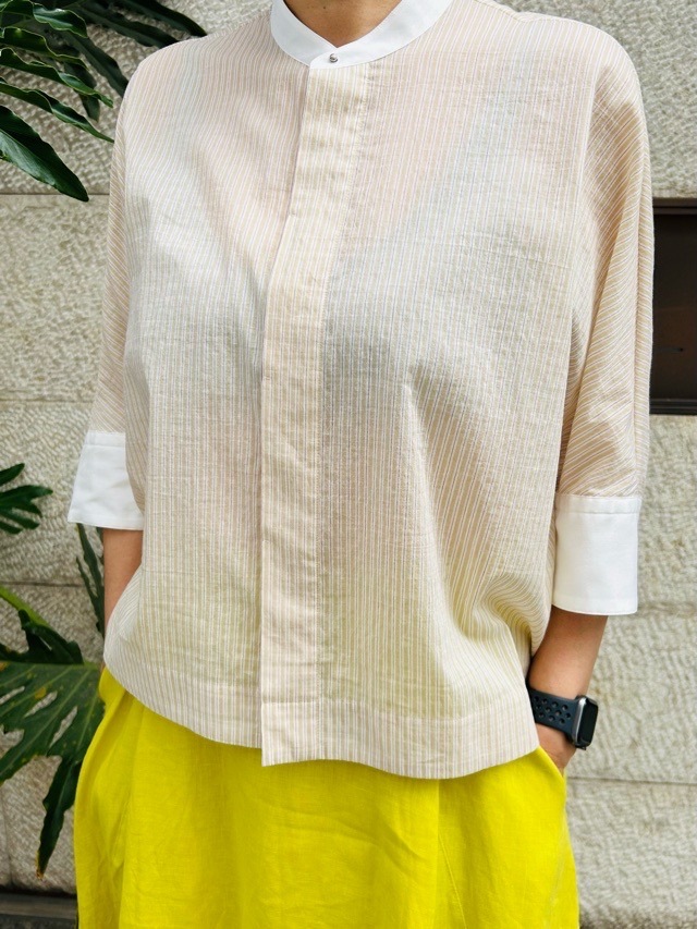 BEATINGHEART　　スタンドカラー　7分丈　ブラウス　ストライプ　BB229K1　BEIGE　ビーティングハート