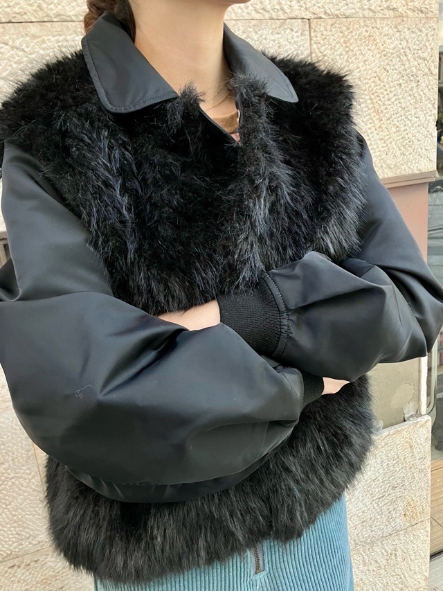 near.nippon ニア―ニッポン 830-2526 ファ- ナイロン ブルゾン ホワイト×ベージュ / ブラック×ブラック