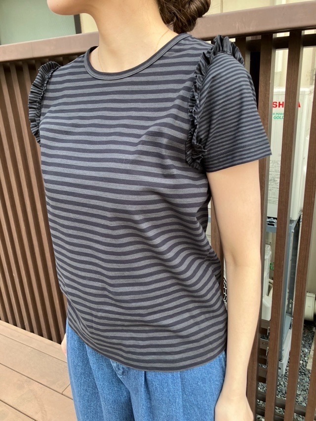 MAISON MAVERICK PRESENTS 肩フリル 細ボーダー Tシャツ BLACK MM5103 メゾン マヴェリック プレゼンツ