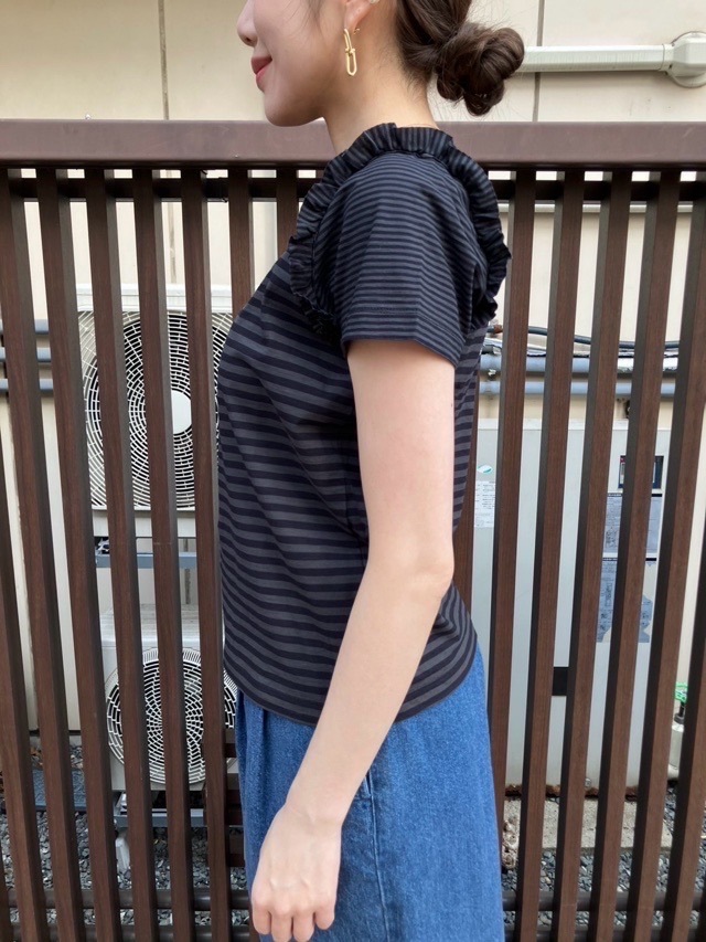 MAISON MAVERICK PRESENTS 肩フリル 細ボーダー Tシャツ BLACK MM5103 メゾン マヴェリック プレゼンツ