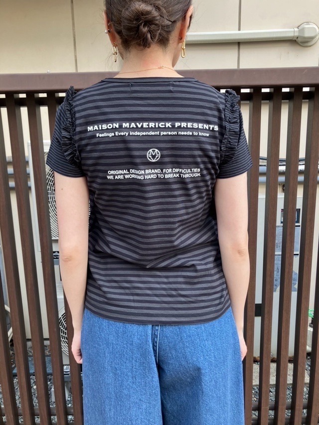 MAISON MAVERICK PRESENTS 肩フリル 細ボーダー Tシャツ BLACK MM5103 メゾン マヴェリック プレゼンツ