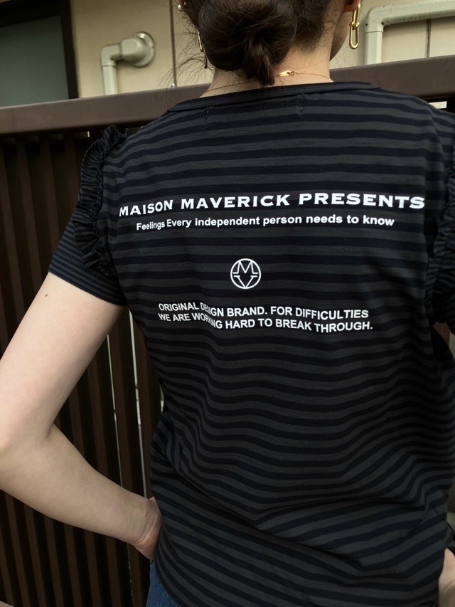 MAISON MAVERICK PRESENTS 肩フリル 細ボーダー Tシャツ BLACK MM5103 メゾン マヴェリック プレゼンツ