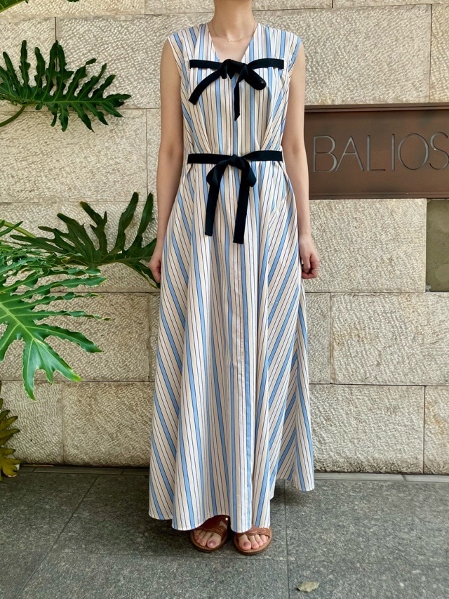 MSGM ノースリーブ ストライプ リボン ロングワンピース ドレス