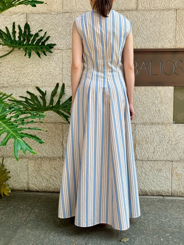 極美品 エムエスジーエム MSGM ブルーストライプ コットンワンピース 青 白 MSGM ノースリーブ ストライプ リボン ロングワンピース ドレス