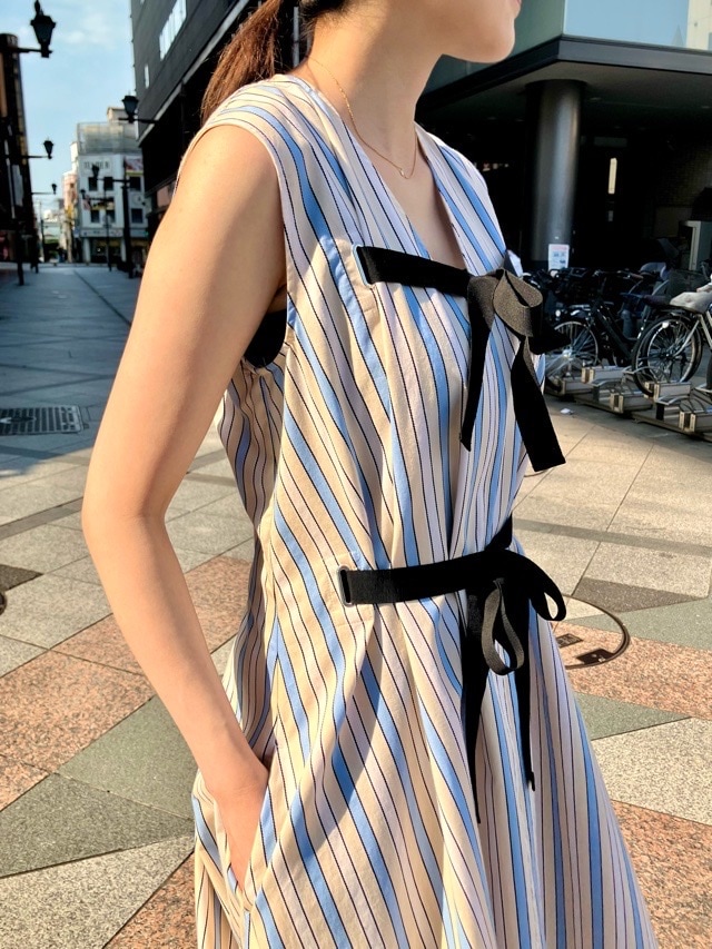 MSGM ノースリーブ ストライプ リボン ロングワンピース ドレス