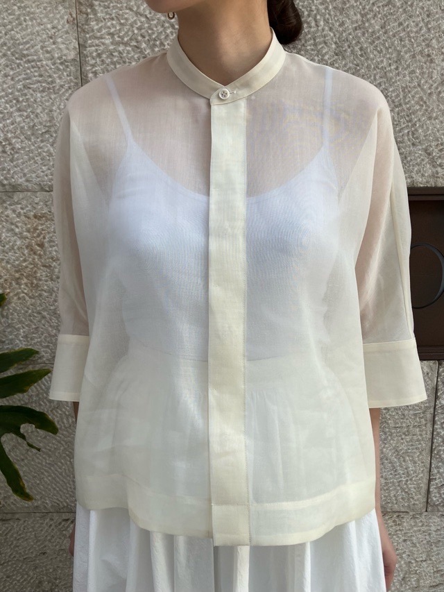 BEATING HEART スタンドカラー シアー 5分袖 ブラウス BB020L1 ビーティングハート OFF WHIT / BLACK / LIGHT GRAY