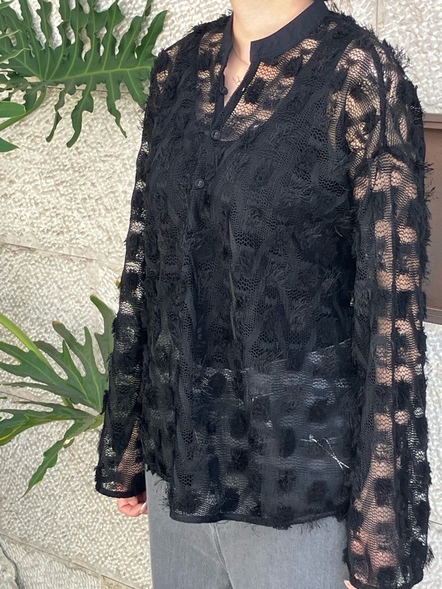 near．nippon 　ポップコーン ニットレース ヘンリーネック ブラウス 　715-2526　BLACK　ニアーニッポン
