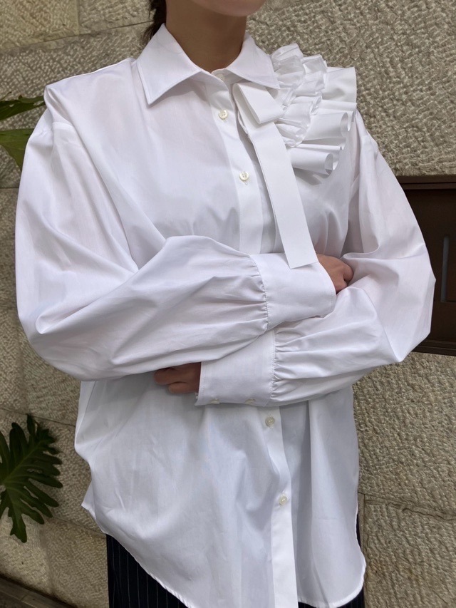 MSGM フリルリボン シャツカラー ブラウス 3841MDE11X WHITE エムエスジーエム