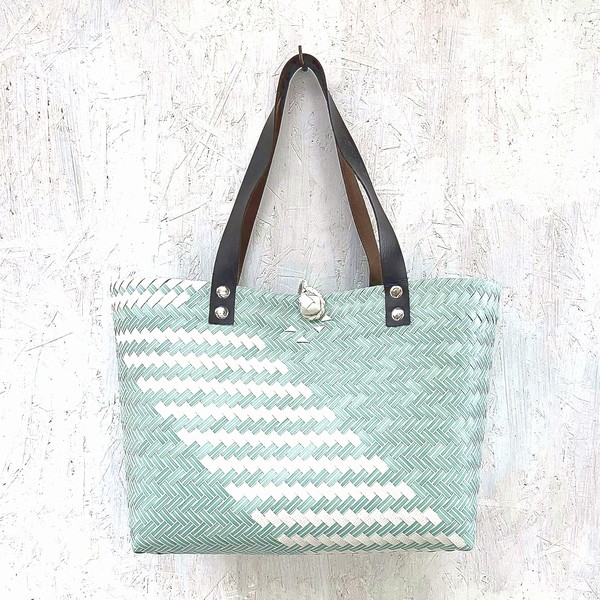 PPバッグ プラかごバッグ PPハンドバッグ【ホワイト×ミント】【留め具