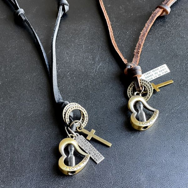 ハート＆砂時計】ネックレス／レザー&メタル メンズネックレス